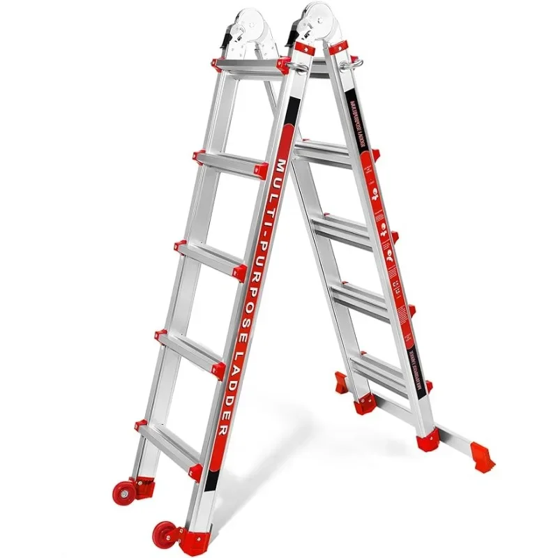 A Frame 5 Step Ladder with Stabilizer Bars and Wheels, 330 lb Capacity Extension Ladder for Stairs Home Indoor Outdoor Rooftop