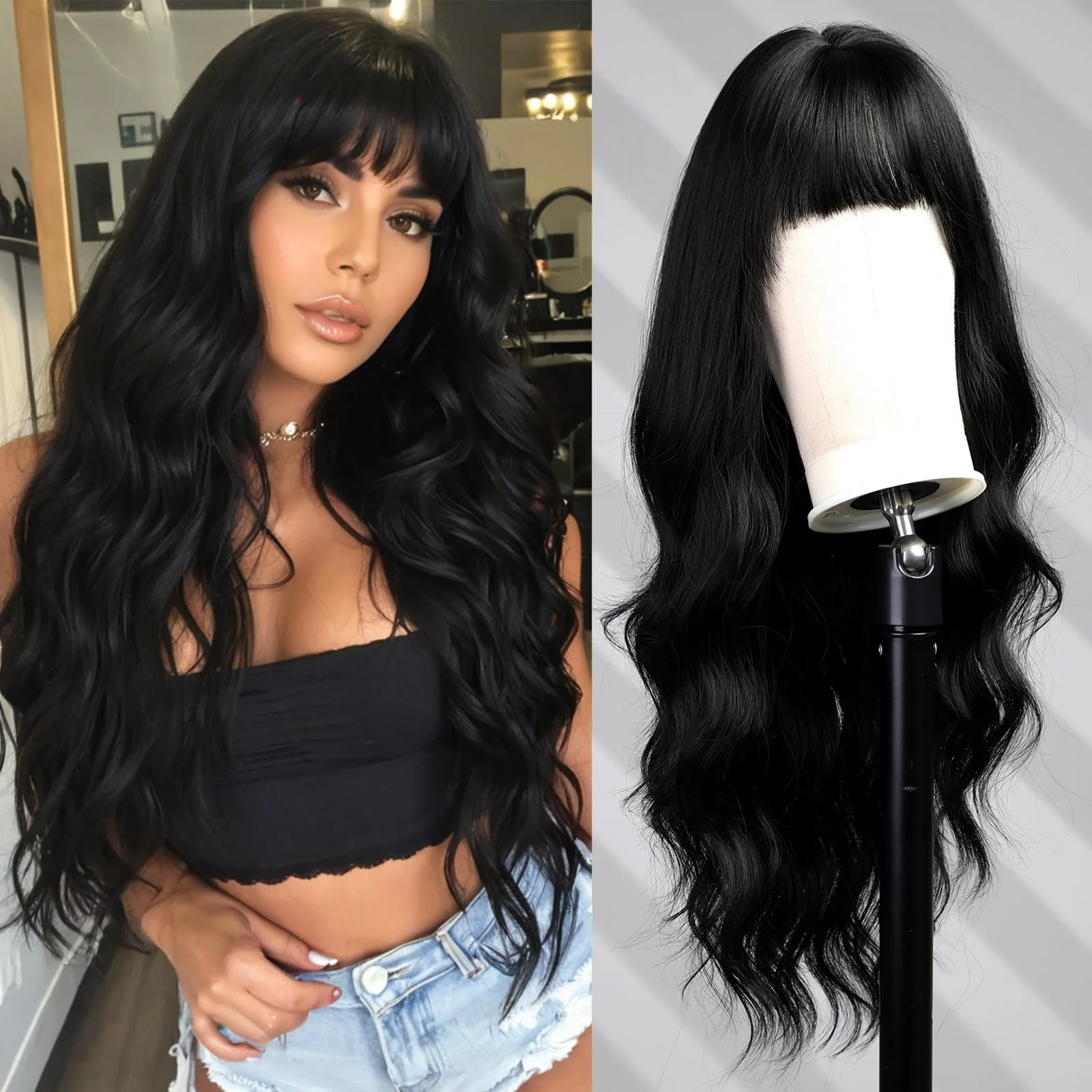 

Black 26-inch wavy synthetic wig for Halloween cosplay, daily party, high-temperature hair accessory