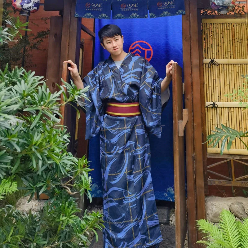 Men Japanese Traditional Style Kimono Haori Pajamas Yukata Retro Samurai Style Cardigan Bathrobe Kimono cosplay Costumes