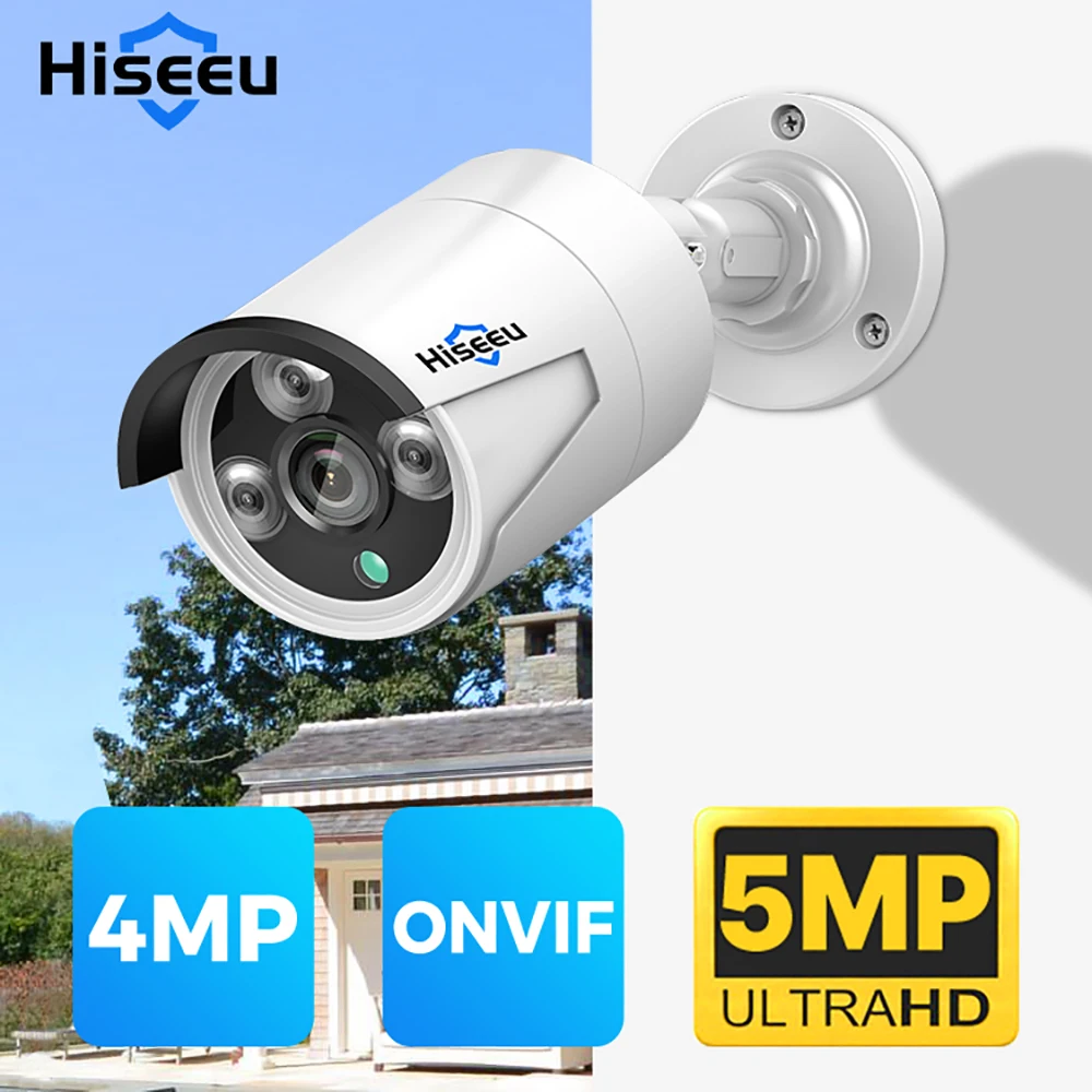 Hiseeu-POE Câmera de Vigilância Interior e Exterior Impermeável, Câmera CCTV Bullet, POE, 4MP, 5MP, H.265, Detecção de Movimento, Segurança Doméstica