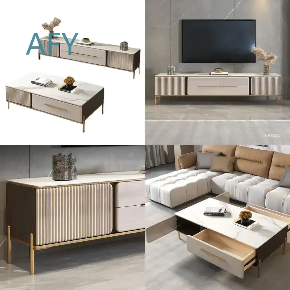 Nordic Vintage Design Minimalistic TV Stand for Universal TV Living Room Furniture with Luxury Drawer Granite Top Mobile TV