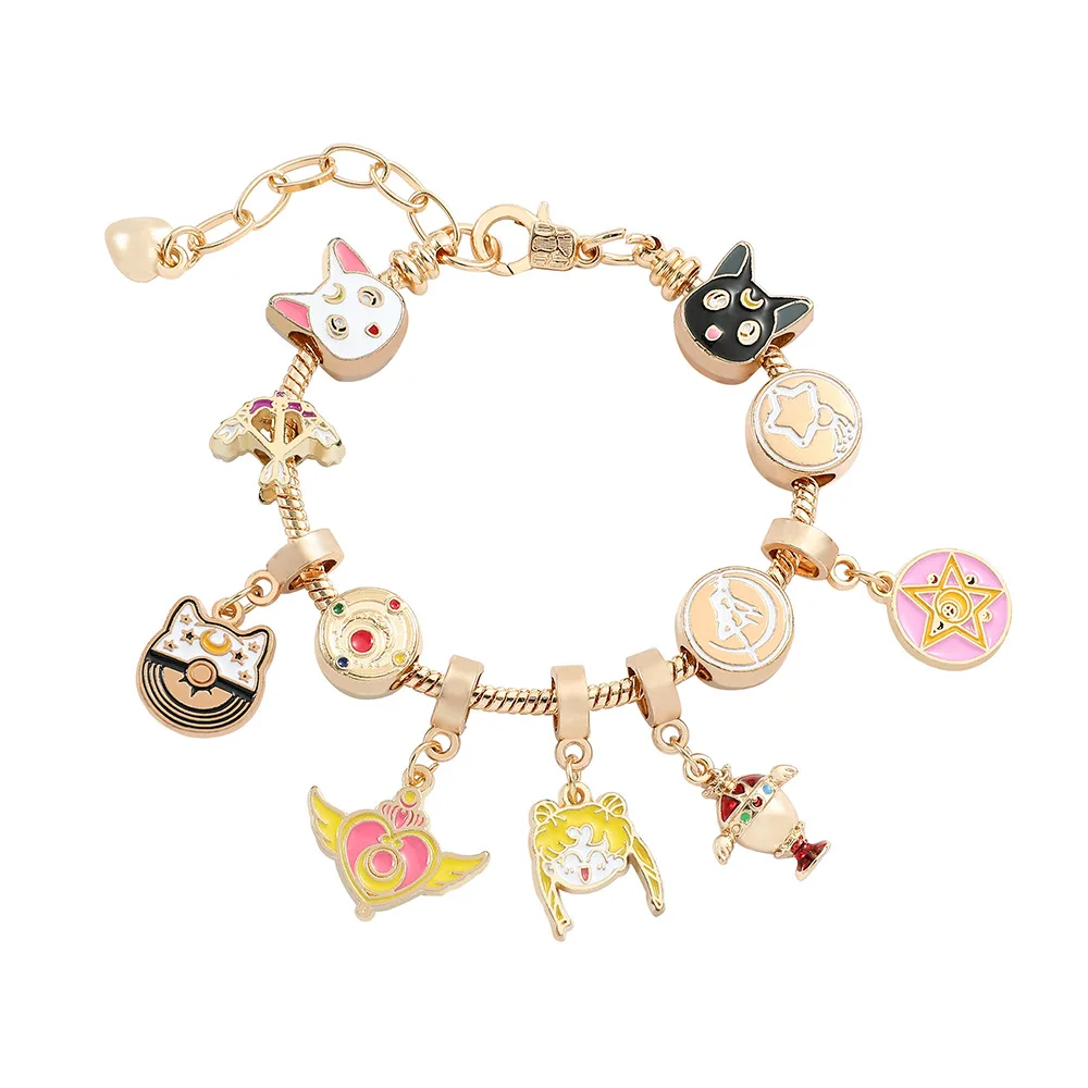 

10pcs/lot Sailor Moon Charms Bracelets Tsukino Usagi Pendant Luna Cat Beads Bangles For Women Girl Hand Chains Anime Bracelets