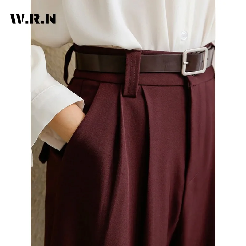 Fall Winter 2024 Burgundy Suits Pants for Women Office Lady Elegant High Waist Wide Leg Fashion Trousers with Pockets Black Gray