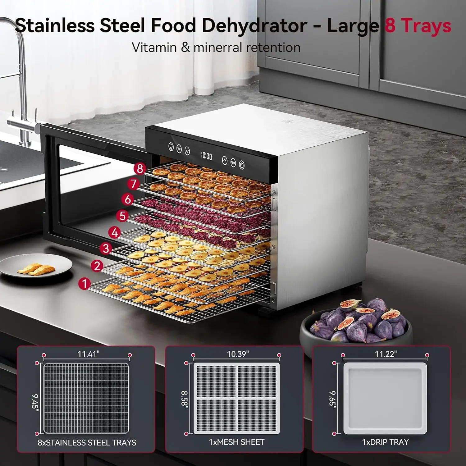 Food Dehydrator Machine with Interior Light Included, 8-Tray Stainless Steel Dehydrator with Adjustable Timer & Temperature