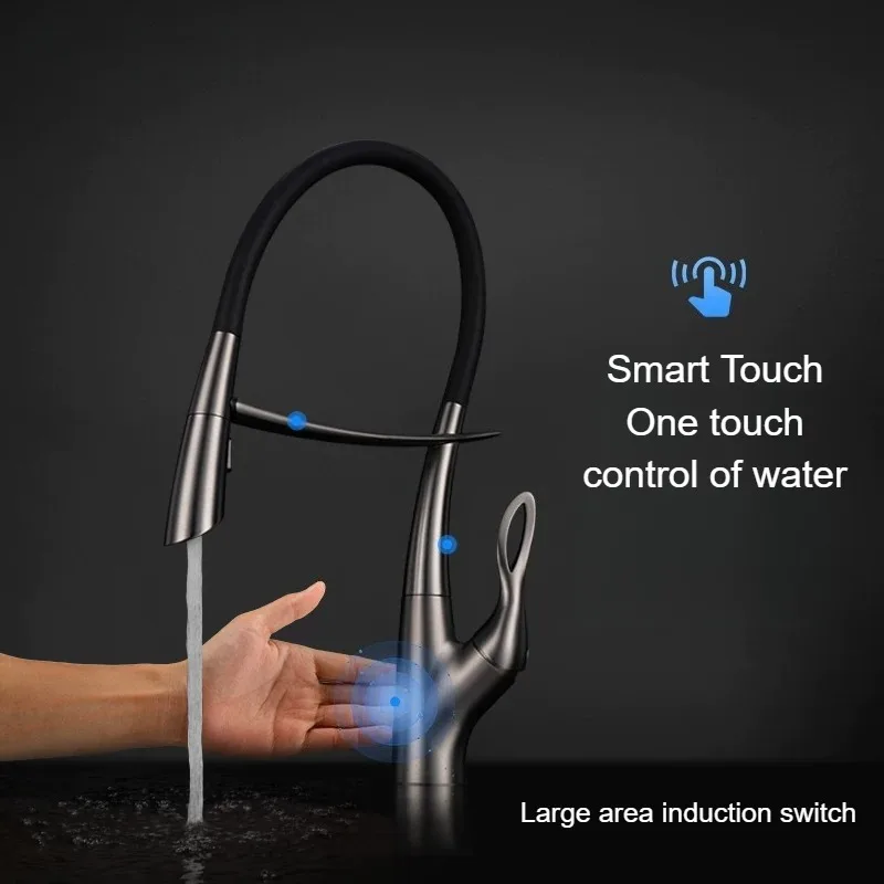 Gestan Brass Brushed Gold Kitchen Faucet with Touch Switch Design, Single Handle Ceramic Valve Core, Hot and Cold Water Sink Tap