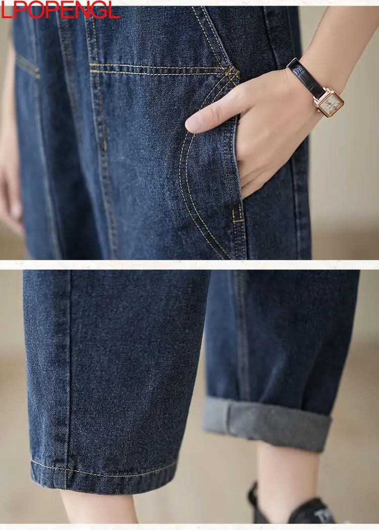 2023 New Vintage Loose Denim Jumpsuit Women Autumn Streetwear Pockets Cargo Baggy Pants Wide Leg Straps Jeans Ladies Overalls