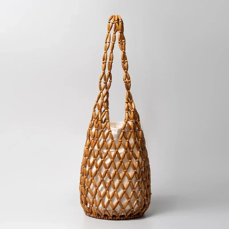 Sac à Main Bergame de Grande Capacité pour Femme, Rétro Tissé, Perle en Bois, Creux, E27, Décontracté, Polyvalent, Nouvelle Mode