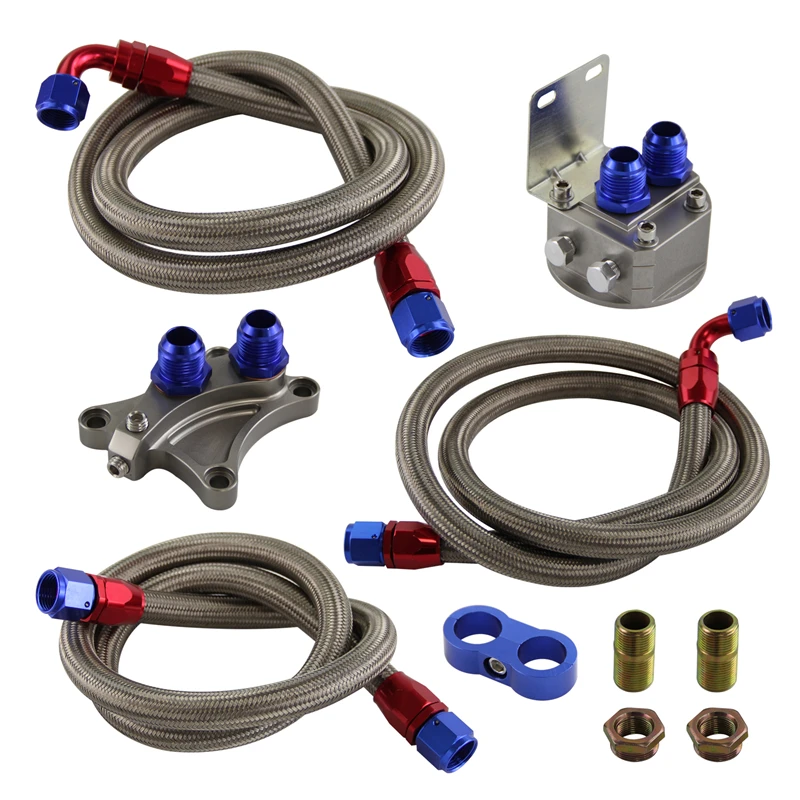 AN10 Filter Sandwich Adapter+Nylon Braided or SS Braided Oil Line Fits For Nissan SR20DET S13 S14 S15 SR20DE Black/Silver