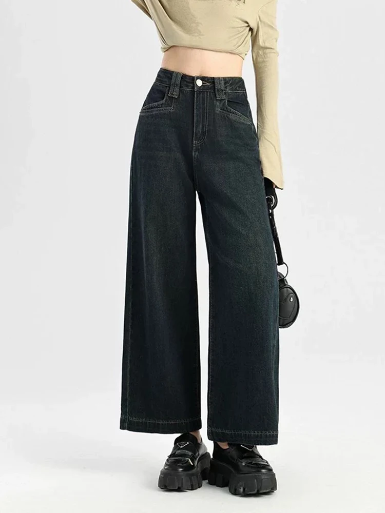 

Y2K Ретро синие широкие джинсы женские дымчатые свободные прямые брюки маленькие девять цен бабушки брюки осень новый стиль