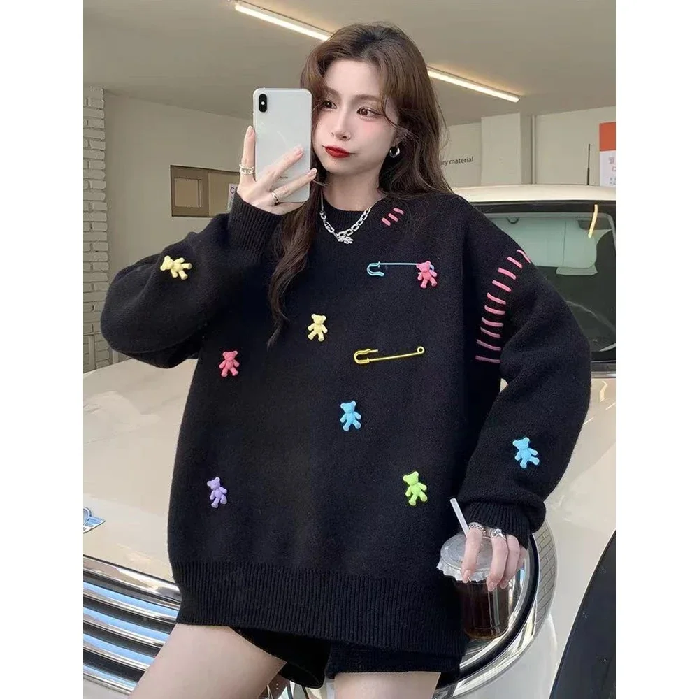 New Autumn Winter Cute Bear Sweater Pullovers for Women Casual Loose O-Neck Long Knitting Tops Lady Streewear Trendy Knitwear