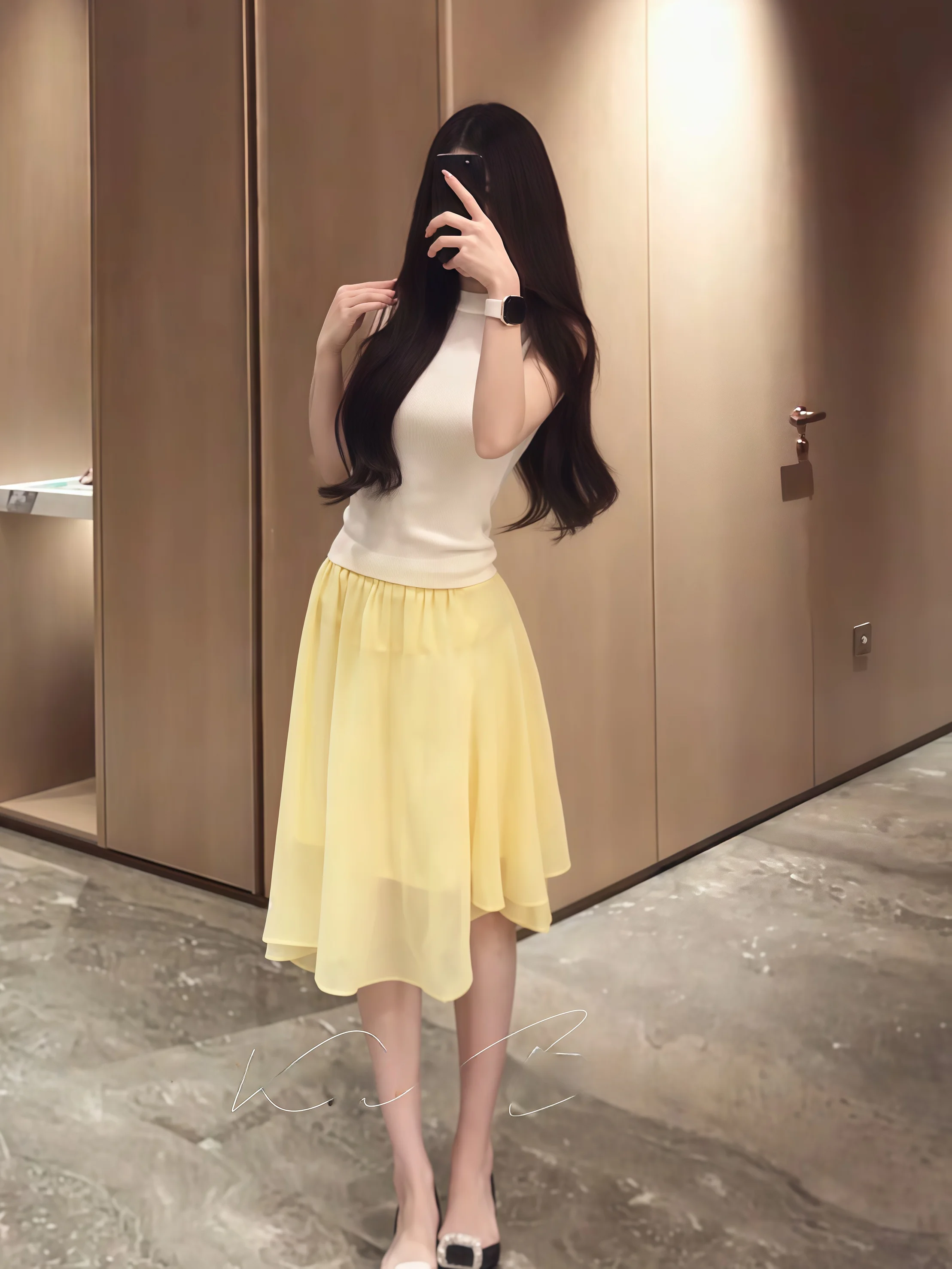 Yellow High Waist A-Line Midi Skirt Women's Large Size Chiffon Half-length Umbrella Skirt Elegant And Fashionable