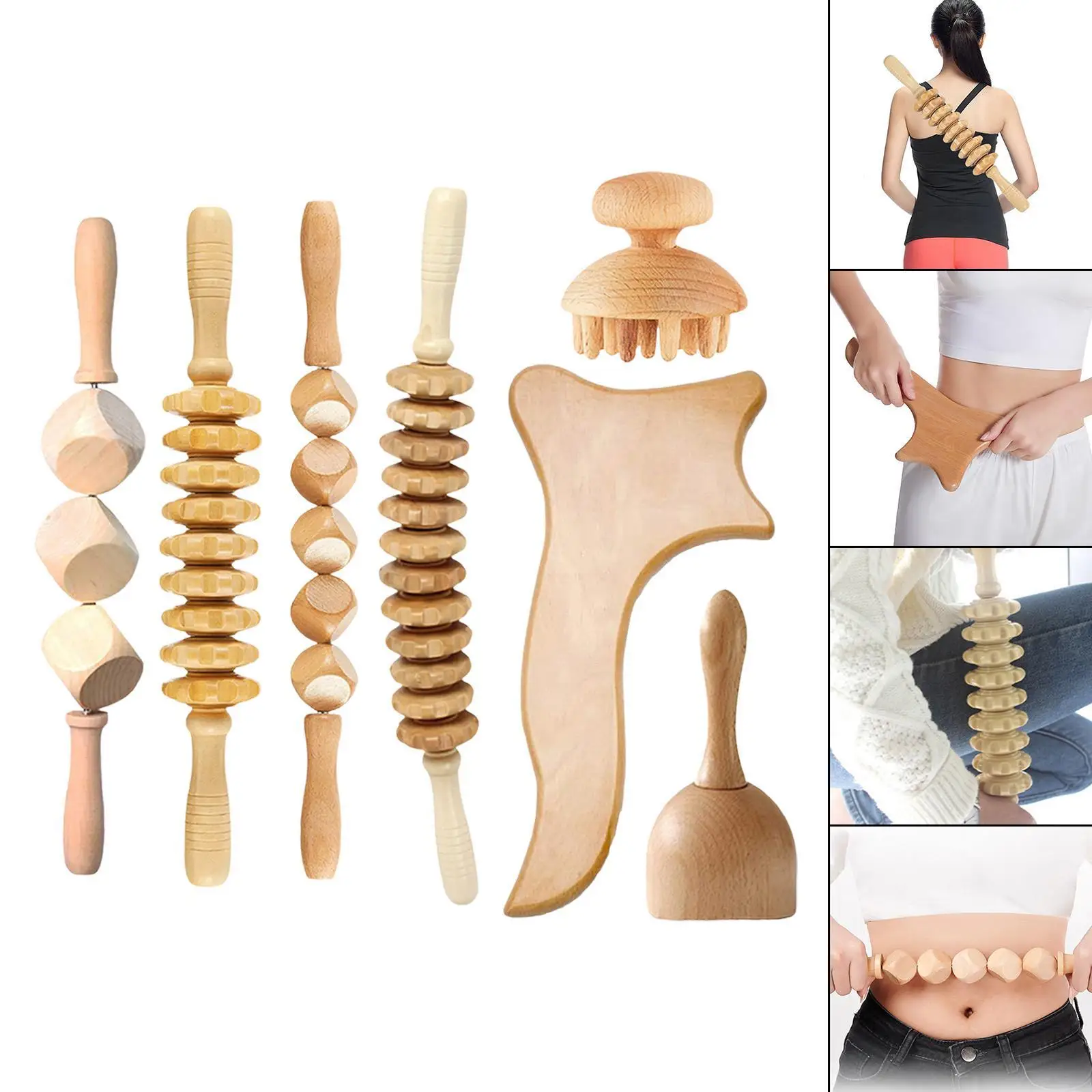 7Pcs Wood Therapy Massage Tools Body Massage Roller Gua Sha Tool Scraper