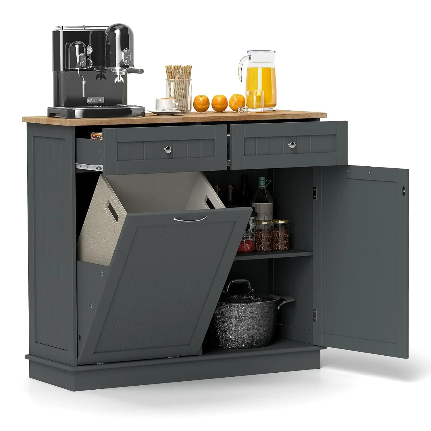 

Moccha Кухонный наклонный шкаф для мусора, шкаф для переработки в скрытом воздухе с регулируемыми полками, 2 ящиками, отдельно стоящий шкаф для стирки