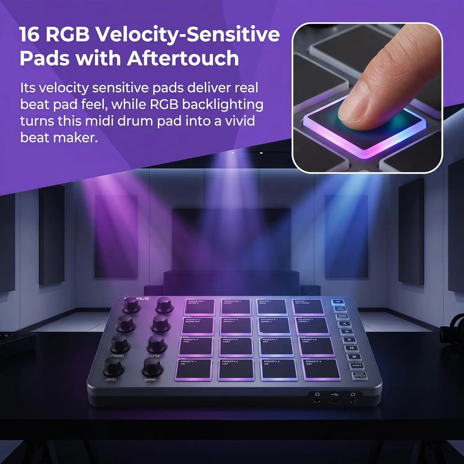 M-VAVE SMC-PAD Wireless MIDI Pad Controller, 16 RGB Backlit Pads, 8 Knobs, Velocity/Aftertouch, Bluetooth/USB-C, 2000mAh