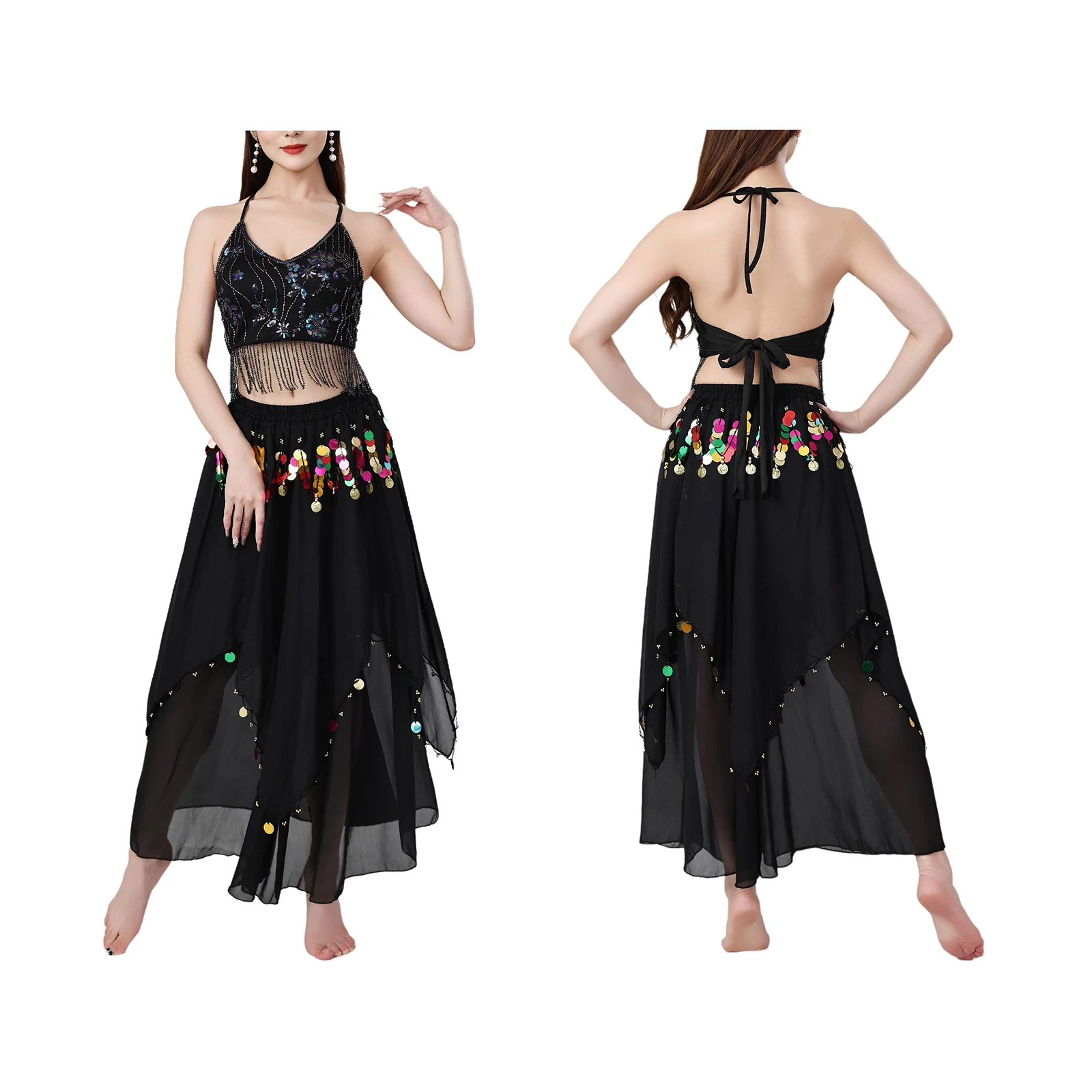 

Womens Belly Dance Costume Fringe Embroidered Lace-up Crop Top And Irregular Hem Chiffon Skirt Lyrical Belly Modern Dance Outfit