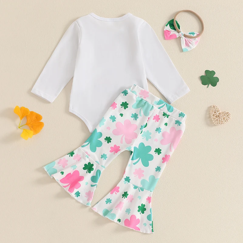 

Adorable Baby Girls Spring Ensemble featuring Bow Headband Shamrock Letter Pattern and Crew Neck Long Sleeve Romper with