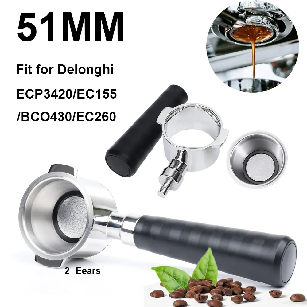 Delonghi 51MM 2 telinga saringan Portafilter tanpa dasar kopi saringan baja tahan karat keranjang penyaring kopi Aksesori cincin dosis magnetik