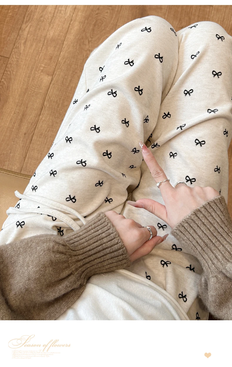 Women's Lounge Pants Drawstring Elastic Waist Cute Bow Print Wide Leg Pajama Pants Teen-girl Bottoms Youth Clothes
