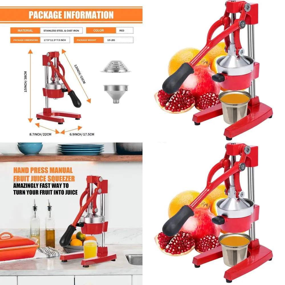 

Heavy Duty Cast Iron Manual Citrus Juicer - Red with Stainless Steel Cup for Oranges, Lemons, Limes, Grapefruits & Pomegranates