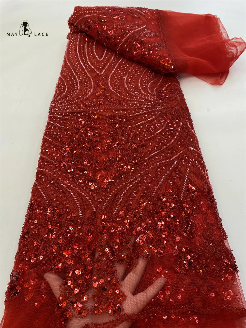 

Red African Beaded Lace Fabric 2026 High-Quality French Nigerian Sequin Tulle Lace Suitable for Women's Party Wedding Dresses