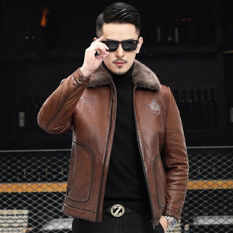 New Oil 22 Wax Sheepskin Leather Jacket Men's Winter Down Jacket Mink Whole Mink Fur Collar Short Jacket for Men Chaqueta Hombre