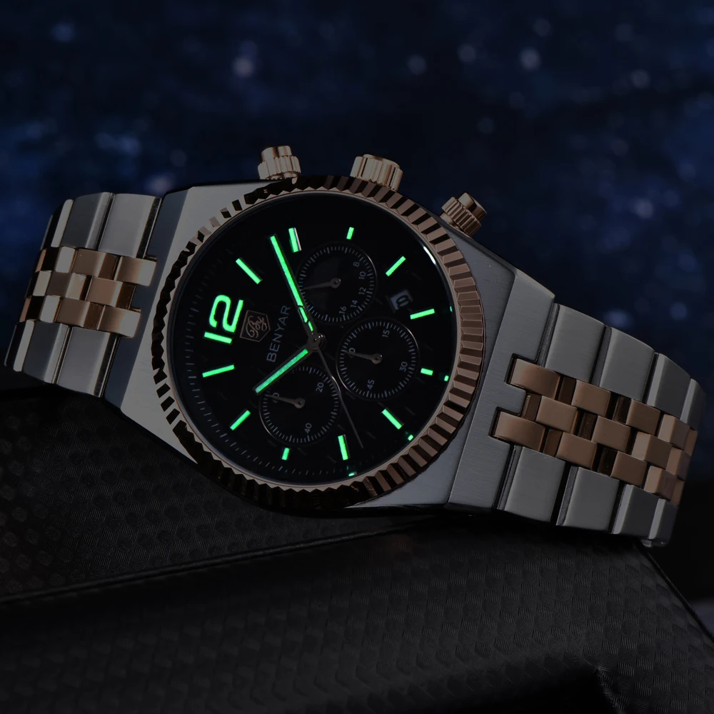 BENYAR New Men's Watches Top Luxury Quartz Wristwatch Chronograph Watch For Men Moon Phase Waterproof Luminous Sports Clock 2026