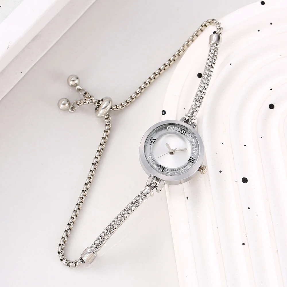 

Girls' watch with small diamond inlaid circular college style dial decoration lazy pull-out small bracelet women's watch