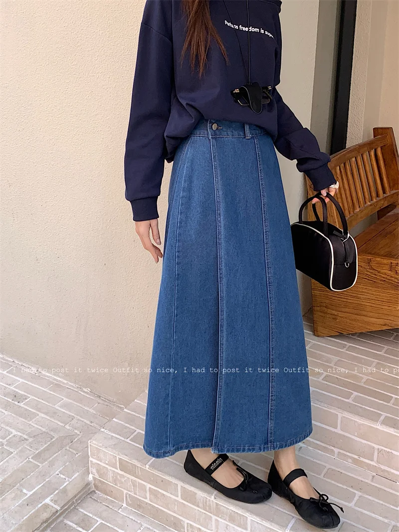 SuperAen Asymmetrical Denim Blue Long A-line Skirt 2026 Spring and Autumn New Vintage High Waist Skirts