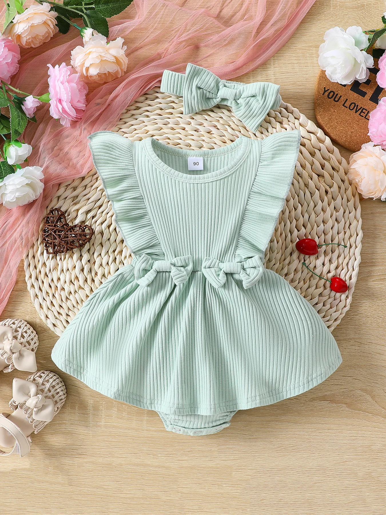 Listenwind Baby Girl Summer 2Pcs Outfit Solid Ribbed Ruffled Sleeveless Bow Romper Dress with Headband For 0-18 Months