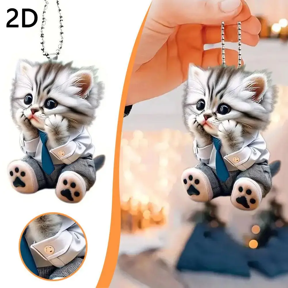 Cute 2D Cats Pendant Hanging Ornament Car Rearview Mirror Hanging Acrylic Couple Realistic Kitten Keychains Decorative Gifts