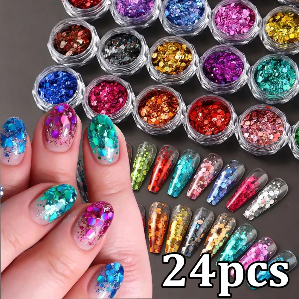 

24box Holographic Hexagon Nail Glitter Powder Mermaid Iridescent Shiny Nail Art Pigment Sequins Mixed DIY Manicure Sequin Flakes