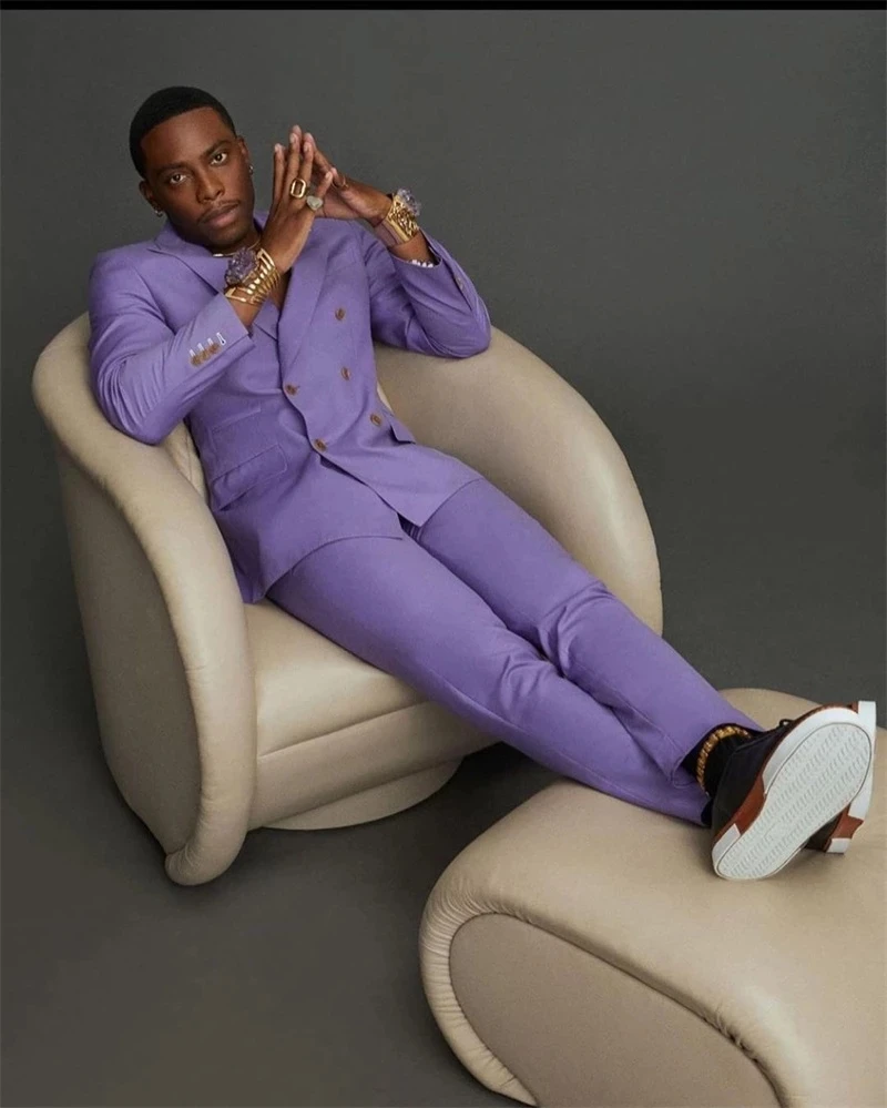 

Blazer Sets Light Purple Double Breasted Men Suits Costume Homme Prom Terno Masculino Groom Blazer Wedding 2 Pcs (Jacket+Pants)