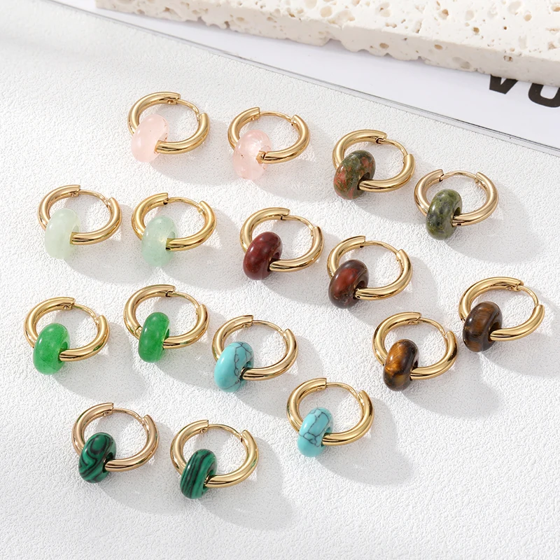 Stainless Steel Natural Stone Colors Bead Hoop Earrings Women Multicolor Turquoise Circle Pendant Earring Wedding Party Jewelry