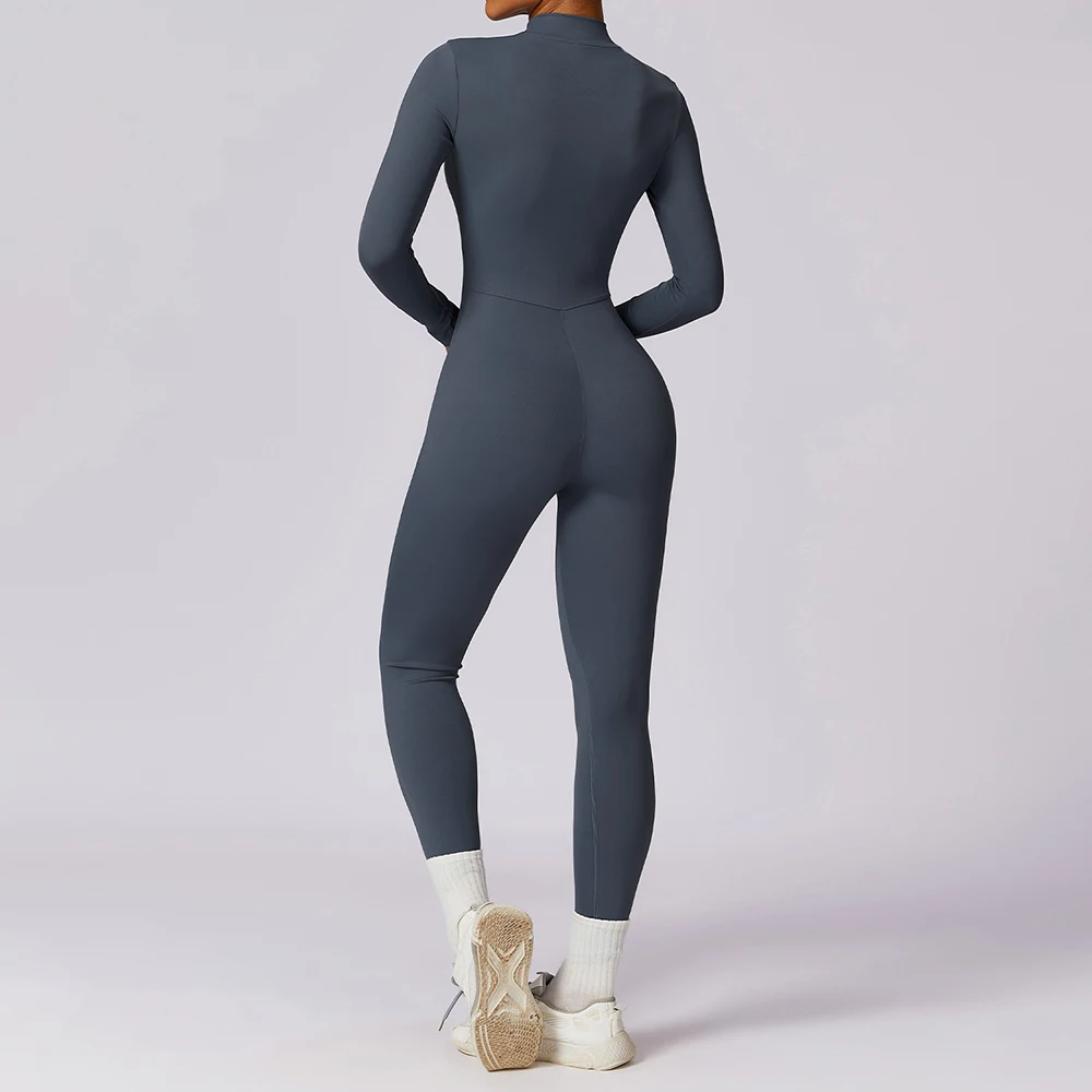 بدلة يوجا بأكمام طويلة مع سحاب للتدريب، ملابس رياضية لصالة الألعاب الرياضية واللياقة البدنية والجري مع سراويل طويلة #5