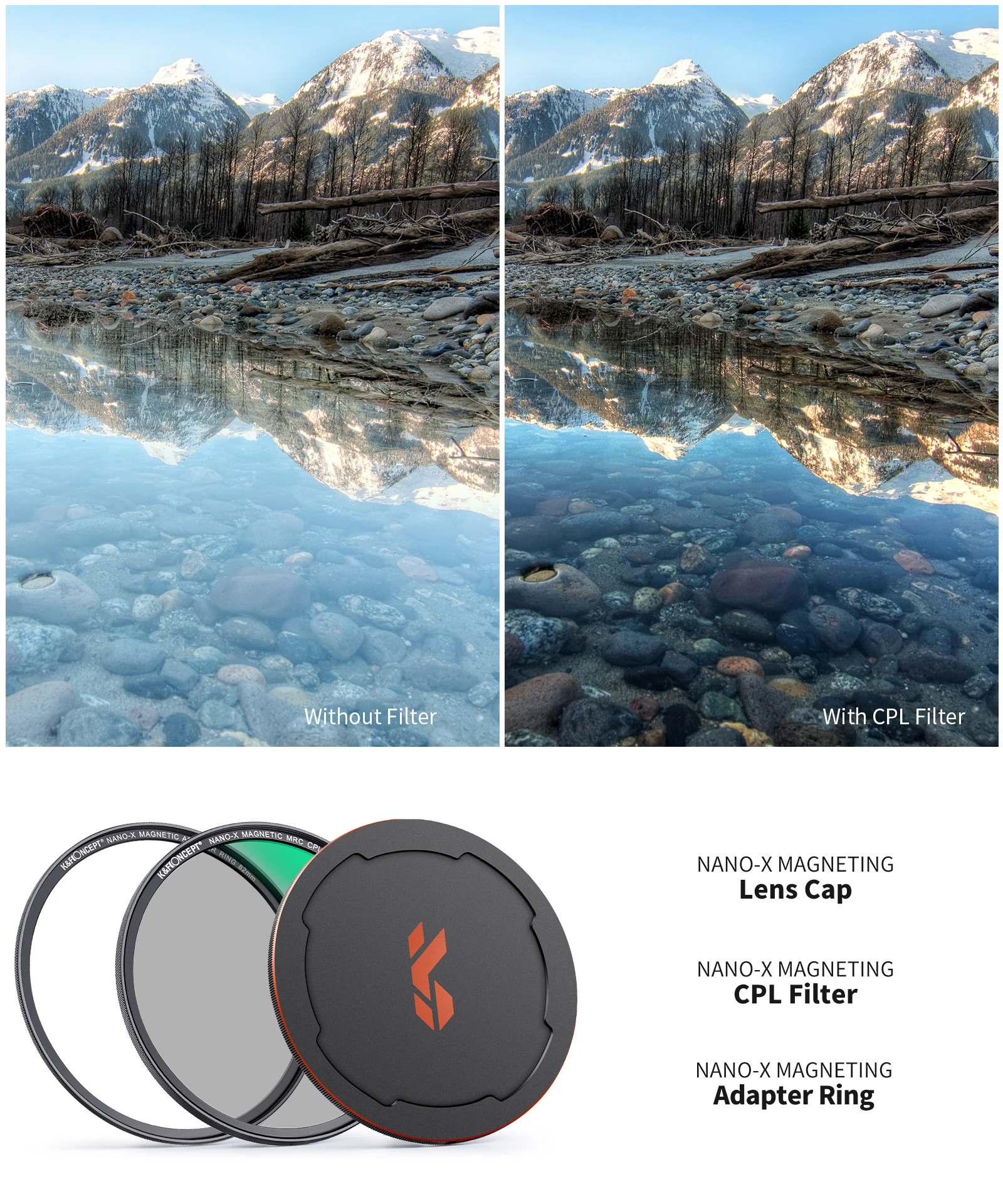 K&F Concept Magnetic CPL Circular Polarizing Filter（ Nano-X）49mm 58mm 67mm 72mm 82mm with Magnetic Lens Cap And Adapter Ring