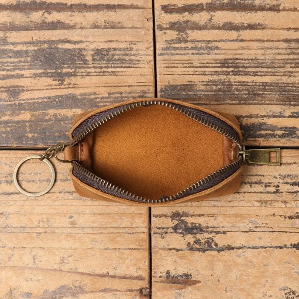 Portable Anti-lost Mini Leather Coin Purse Zipper Solid Color Men Key Ring Pouch Classic Credit Card Holder Car Key Bag Men