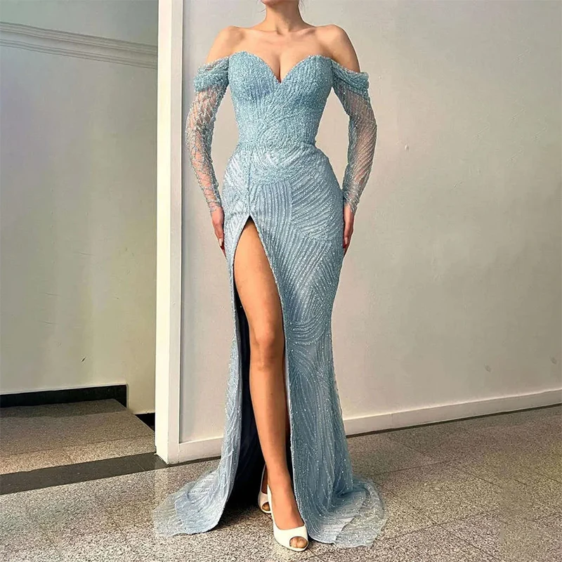 

Fashion Blue Off the shoulder Evening Dress Mermaid Sequins Long Sleeve High Split Party Prom Dresses Customized