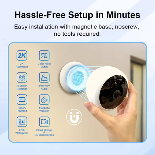 Imagen 2 del producto Cámara de seguridad con batería magnética Wifi 2K para interiores/exteriores, cámara IP inalámbrica de 5MP, visión nocturna en Color, vigilancia de seguimiento de movimiento