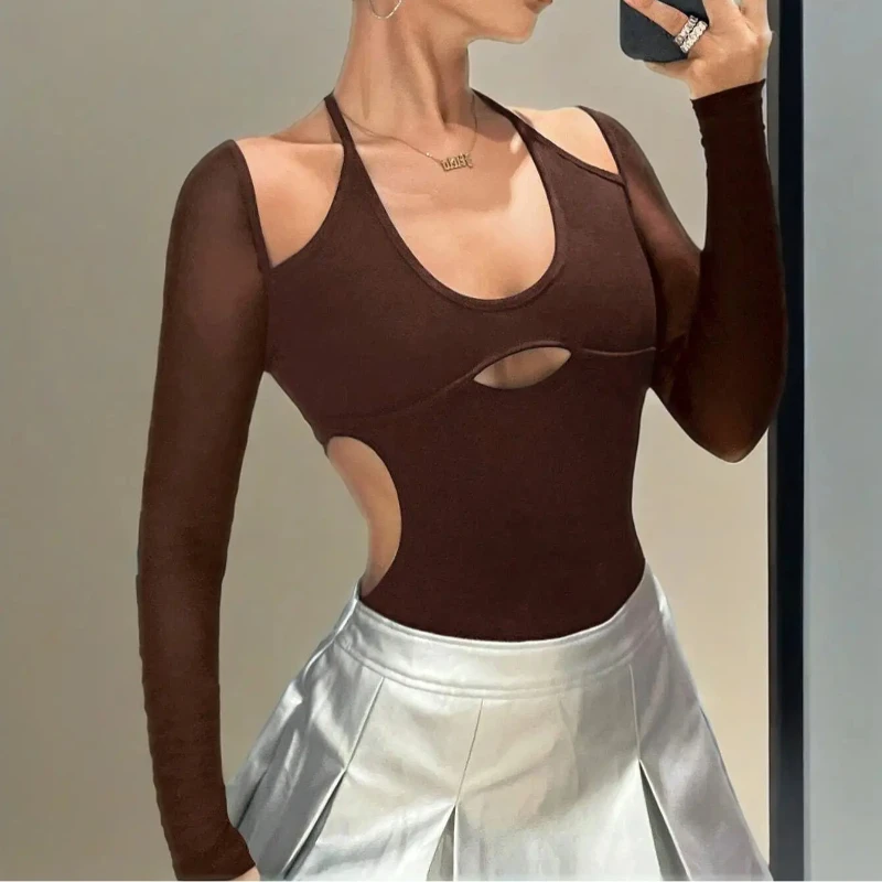 Baju Bodysuit Wanita Musim Panas, Gaya Eropa Amerika, Seksi, Model Hollow, Leher Terbuka, Tali di Belakang, Tanpa Punggung, Desain Pure Desire