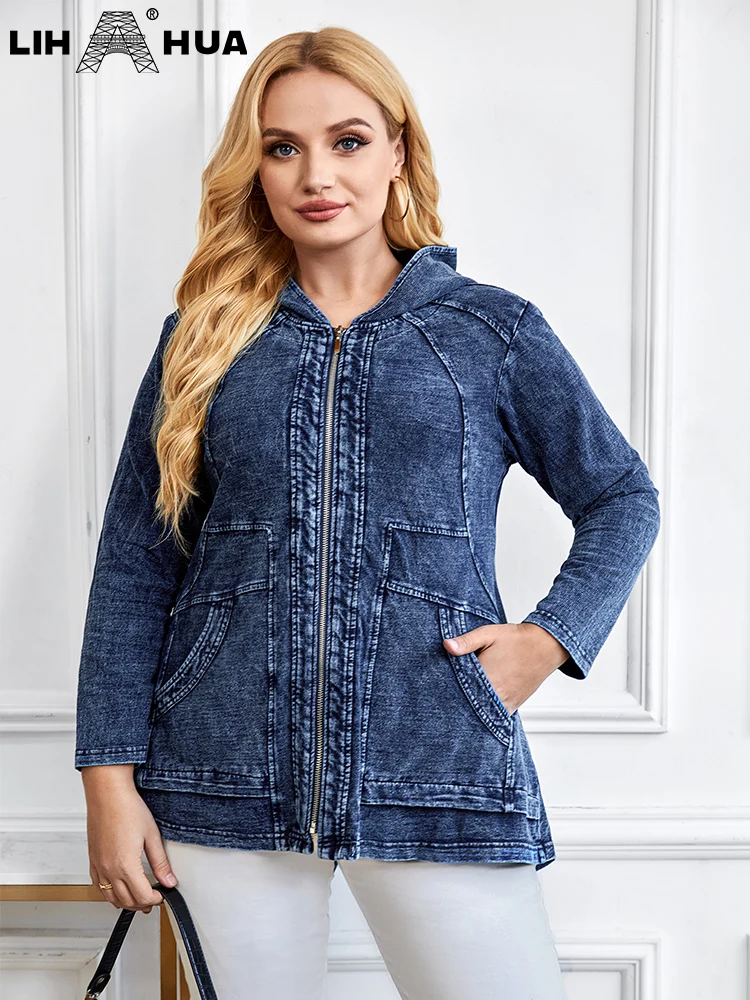 LIH HUA Women\'s Plus Size Denim Hooded Jacket Autumn Chic Elegant Jacket For Chubby Women Cotton Knitting Jacket