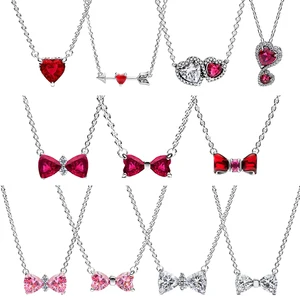 Hot Sale Asli 925 Sterling Silver Kalung Dasi Kupu-kupu Berwarna-warni Liontin Hati Merah Pesona Kalung Fashion Hadiah DIY Klasik 8 kalung rantai pandora penjualan terbaik - №