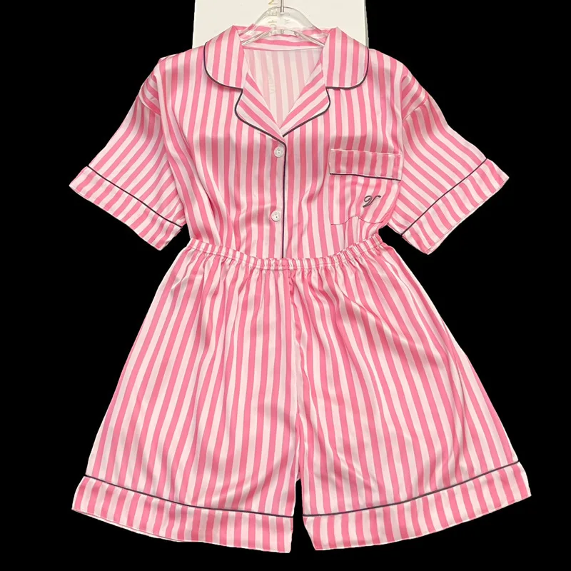 

Summer Sleepwear Women's Set Ice Silk Short Sleeved High-End Cardigan Outside Home Clothes Student Pink Striped Pajamas 2PCS/Set