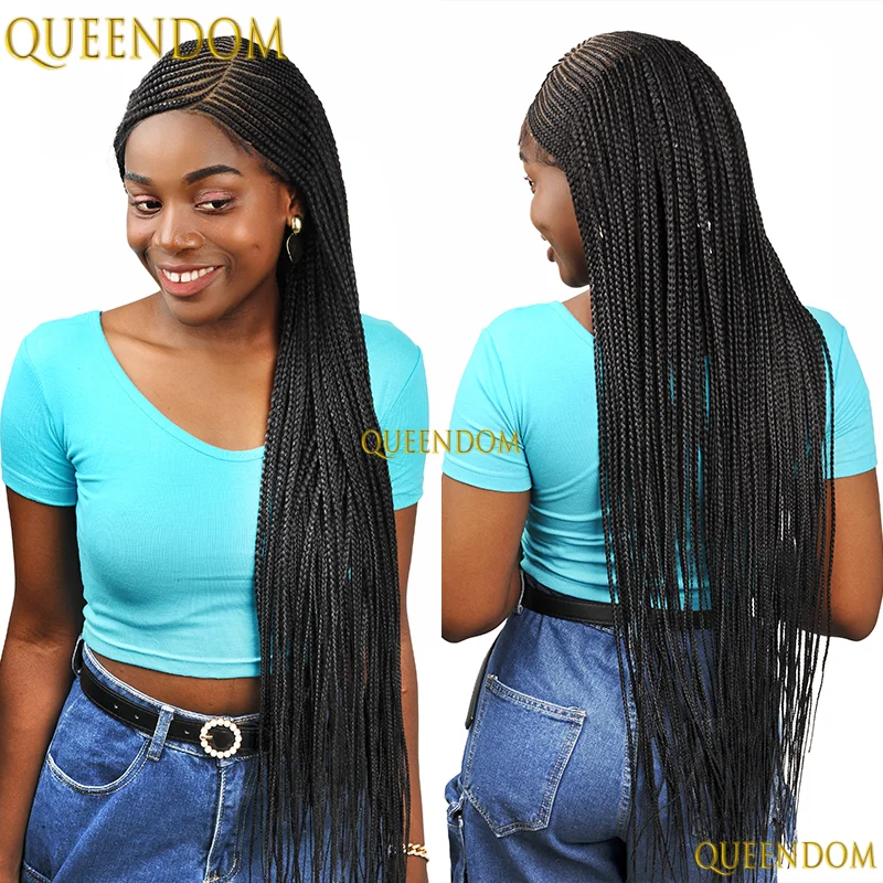 Wig Kepang Kotak Tanpa Simpul 36'' Sintetis, Wig Full Lace HD dengan Belahan Samping untuk Wanita Kulit Hitam, Kepang Cornrow Pirang