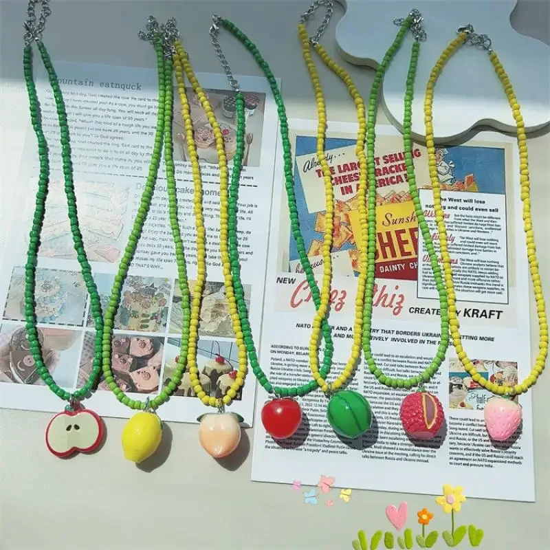 الاتجاه مجوهرات الدوبامين الملونة التفاح الفراولة الليمون الفواكه قلادة عقد من اللؤلؤ للنساء Y2K لطيف المختنق هدية حفلة #4