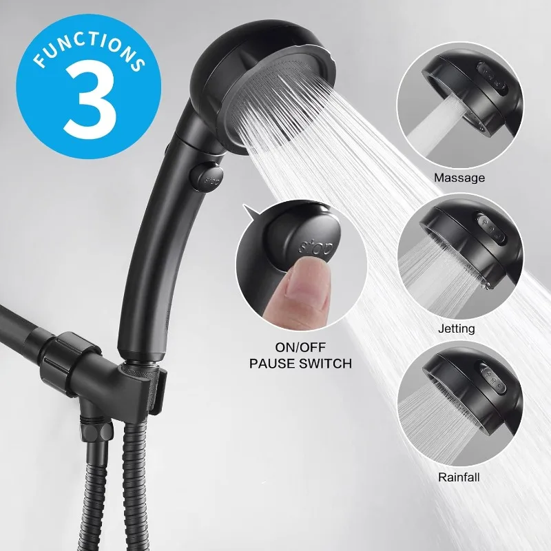 High Pressure Handheld Shower Head with ON/OFF Pause Switch, 3 Spray Modes Wand Shut Off Button, Removable Camper Hose