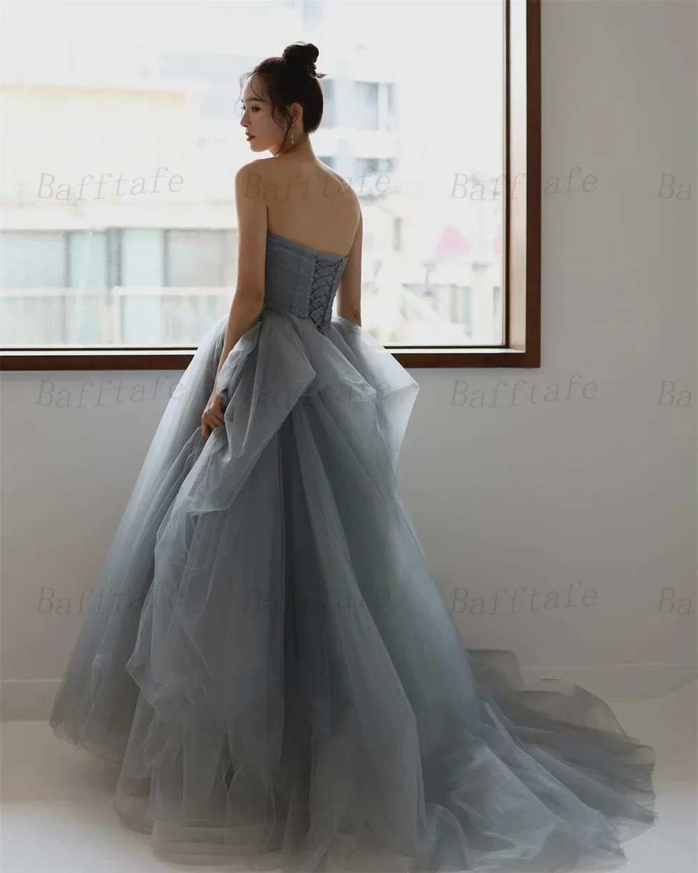 Bafftafe Customized A Line Korea Women Prom Gowns Strapless Pleat Corset Back Formal Evening Party Dress Special Occasion Gowns