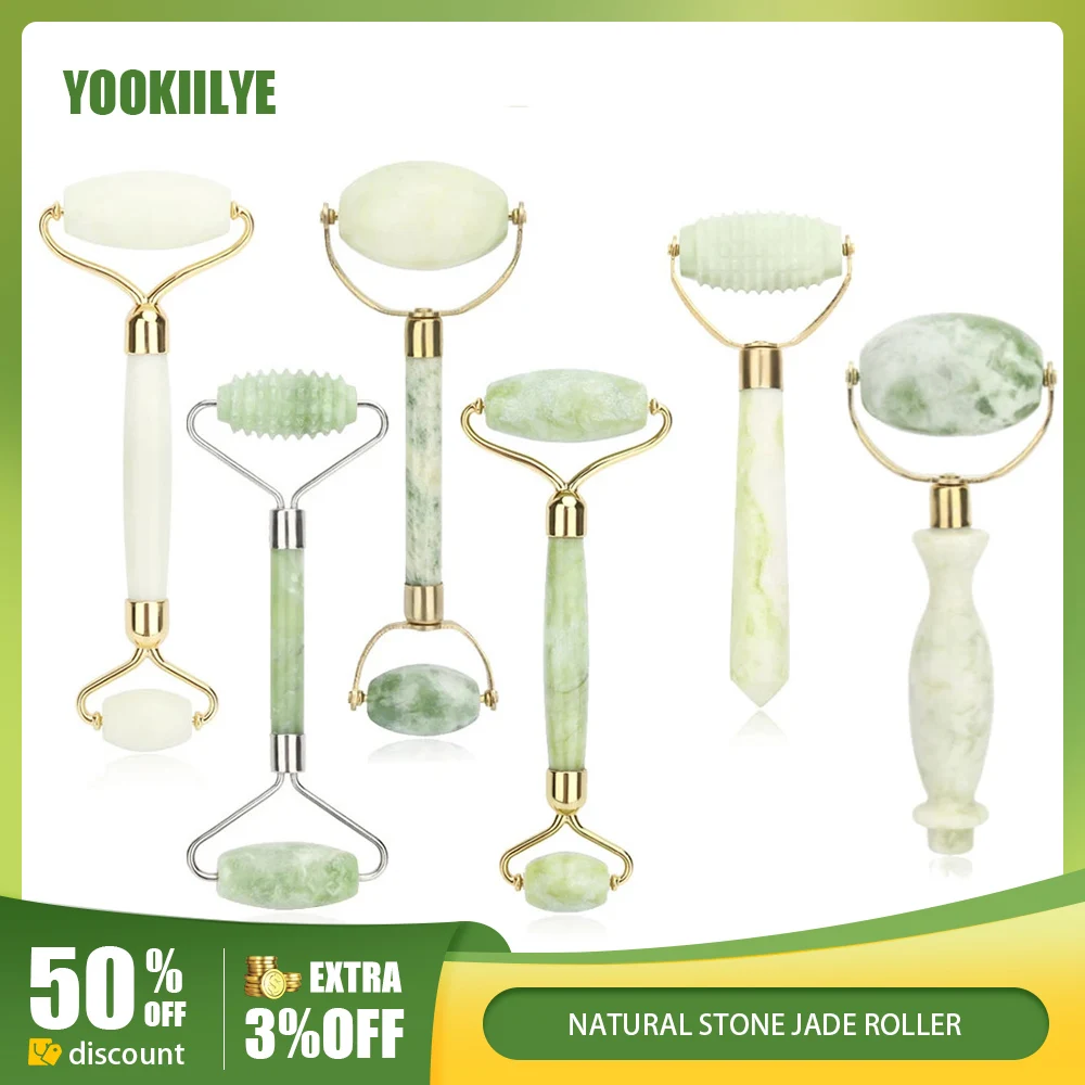 Natural Stone Jade Roller Face Lift Massager Genuine Green Jade Stone Facial Roller for Chin Neck Beauty Massage Tool Anti Aging