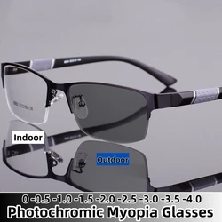 Men's Photochromic Myopia Glasses Vintage Business Half Frame Minus Sight Eyewear Outdoor Color Changing Sunglasses 0-1.0 To-4.0