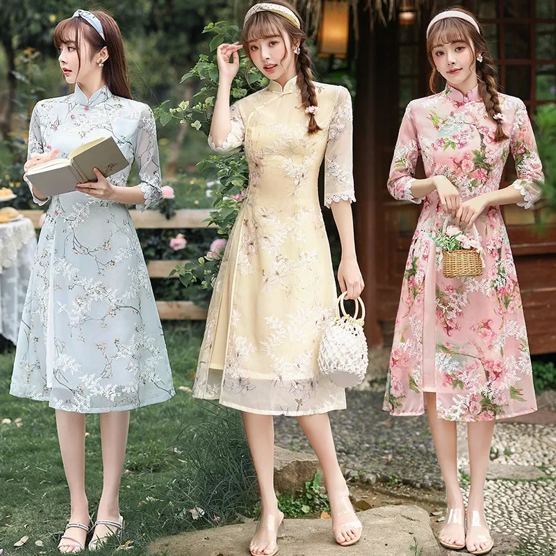 Summer 2023 Mid-length Daily AoDai Cheongsam Improved Modern Vietnam Traditional Dress Slim Elegant Fashion Qipao for Women