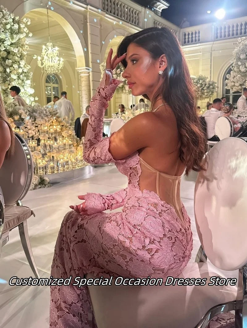 Requintado luz rosa querida vestidos de noite longo sereia vestido de baile com mangas destacáveis vestidos de dama de honra 2025 personalizado